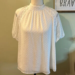 Dr2 white polka dot sheer short puff sleeve blouse